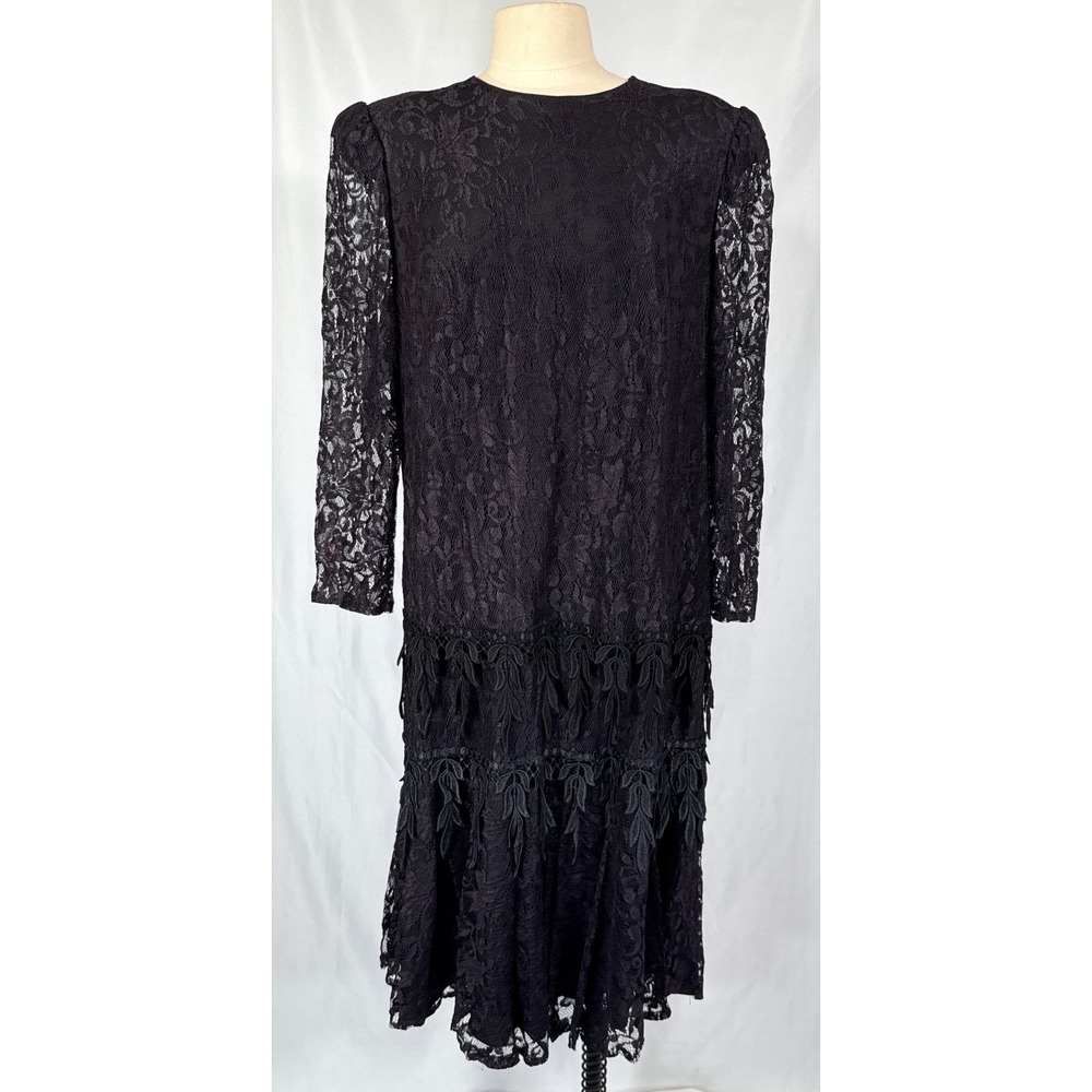 David Rose VTG 80s Black‎ Leaf Lace Cocktail Dress USA Whimsigoth Dark Academia